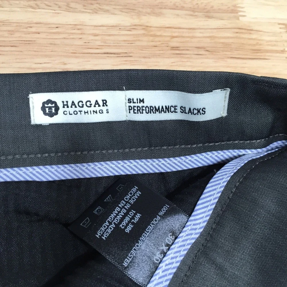 Haggar Slim‎ Performance Slacks Mens 30x30 Charcoal Brown Flat Front Trousers